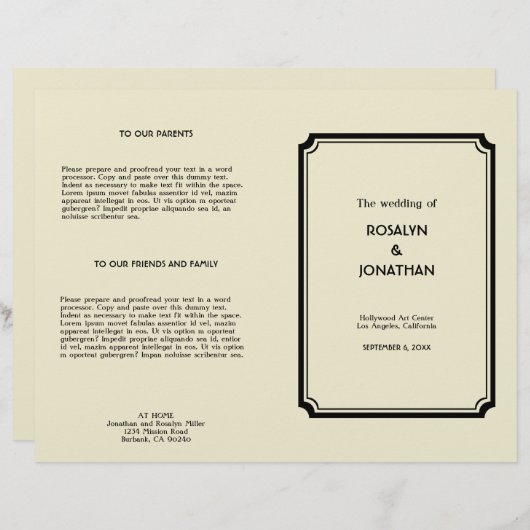 アートデコ・レトロハリウッドグラーム結婚式プログラム (正面/裏面)