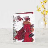 アートデコ レトロ ヴィンテージ クリスマスの女性たち カード (黄色い花)