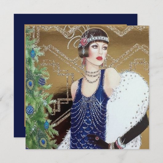 アートデコ・レトロ・ヴィンテージ・クリスマスレディ シーズンカード (正面/裏面)