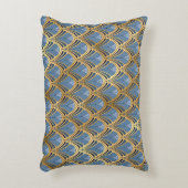 アートデコ ヴィンテージ フラワーファン パターン ブルー ゴールド アクセントクッション (正面(垂直))