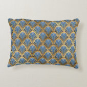 アートデコ ヴィンテージ フラワーファン パターン ブルー ゴールド アクセントクッション (裏面)