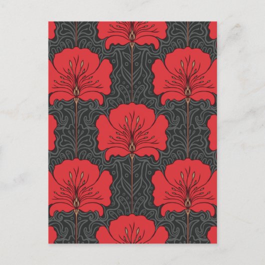 アートデコ、赤い花、黒、ヴィンテージ、シック、エレガント、 ポストカード (正面)