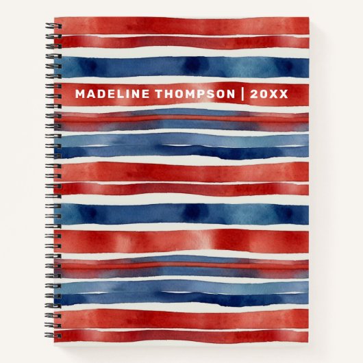 アートトレンディー赤青ホワイトウォーター色ストライプの ノートブック (正面)