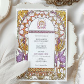アートヌーボースタイルの紫色のアイリスと黄色のユリのウェディング 招待状