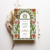 アートヌーボー結婚式のダリアとピンクのジニア 招待状