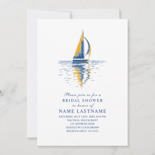 アートネイビーブルーイエローセーリングボートブライダルシャワー 招待状 (正面)