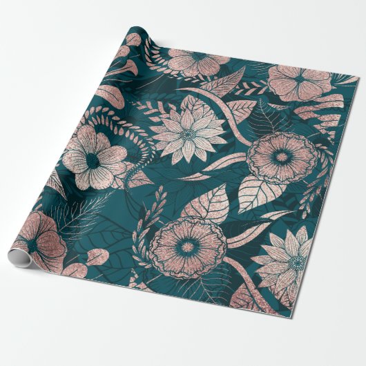 アートバラモダン金ゴールドエメラルドグリーンフラワーズ ラッピングペーパー (アンロールド)