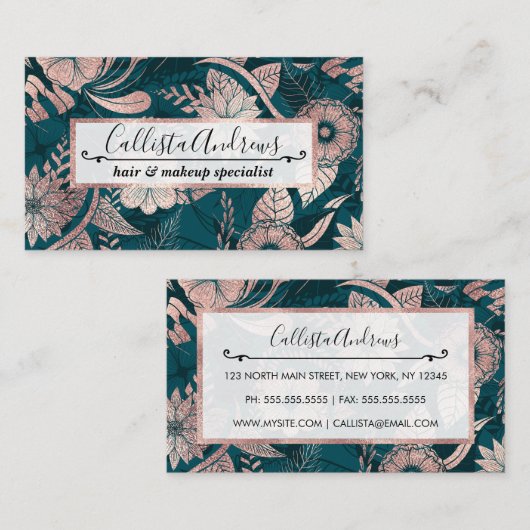 アートバラモダン金ゴールドエメラルドグリーンフラワーズ 名刺 (正面/裏面)