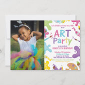 アートバースデーパーティー絵を描レインボーの少女の写真 招待状 (正面)