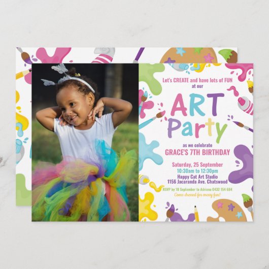 アートバースデーパーティー絵を描レインボーの少女の写真 招待状 (正面/裏面)