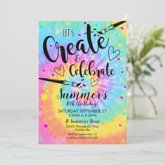 アートパーティの招待状絞り染め絵を描パーティーレインボー 招待状 (スタンド正面)