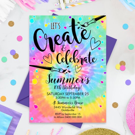 アートパーティの招待状絞り染め絵を描パーティーレインボー 招待状