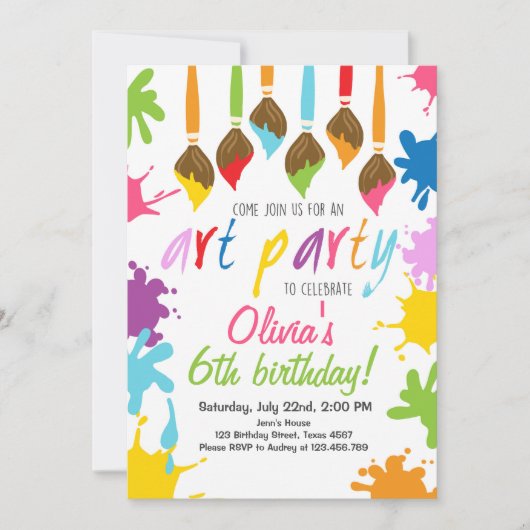 アートパーティの招待状絵を描誕生日パーティー 招待状 (正面)