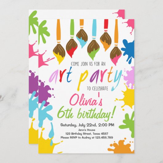 アートパーティの招待状絵を描誕生日パーティー 招待状 (正面/裏面)