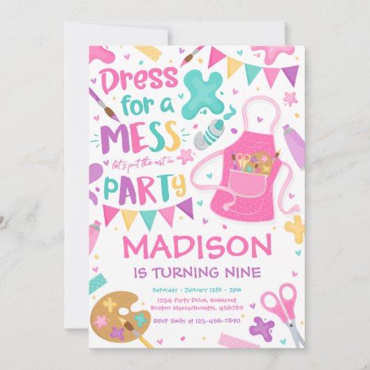 アートパーティーク絵画ラフトのガーリー誕生日パーティー 招待状 (正面)