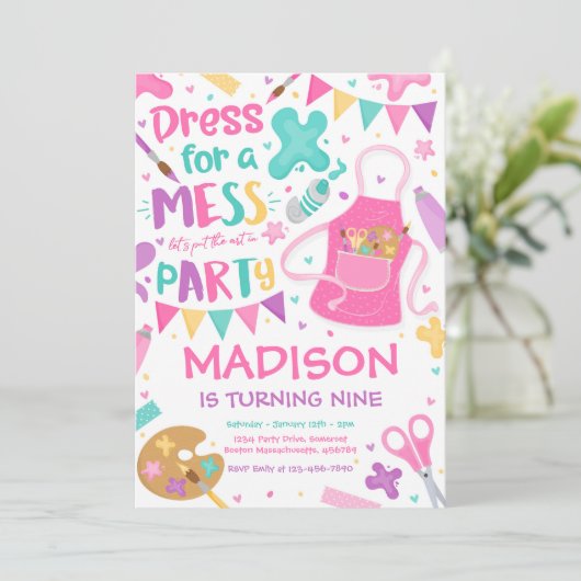 アートパーティーク絵画ラフトのガーリー誕生日パーティー 招待状 (スタンド正面)