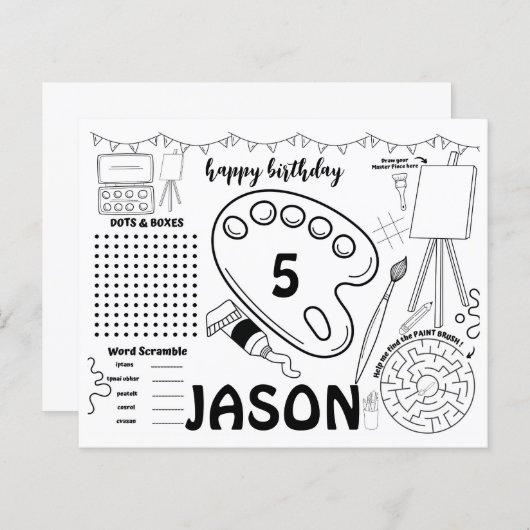 アートパーティーランチョンマット、アートアクティビティのカラーリングページ (正面/裏面)