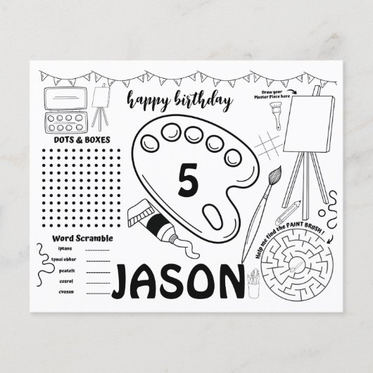 アートパーティーランチョンマット、アートアクティビティのカラーリングページ (正面)