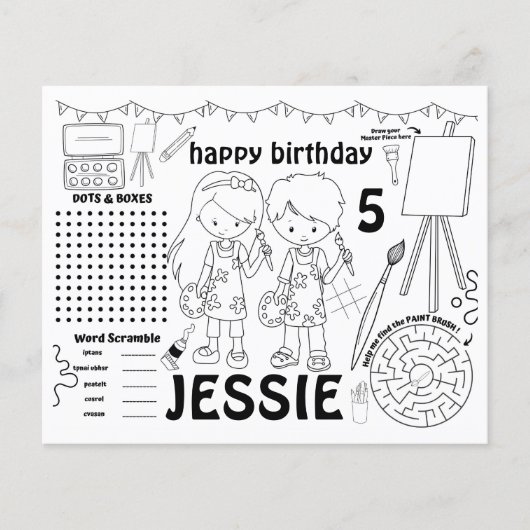 アートパーティーランチョンマット、アート活動、カラーリングシート (正面)