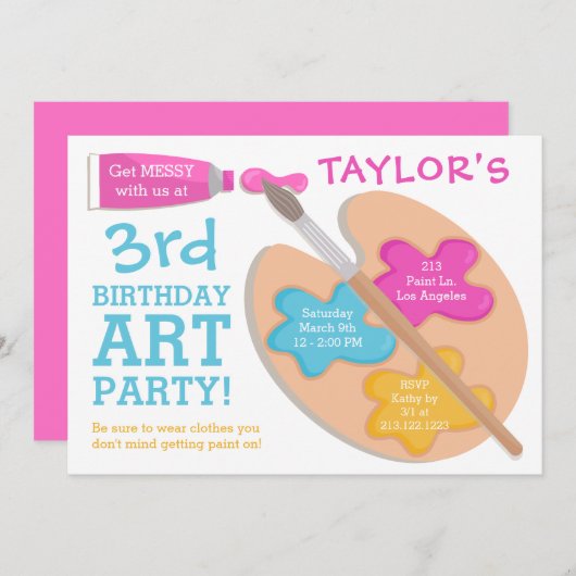 アートパーティー誕生日の絵画招待状 招待状 (正面/裏面)