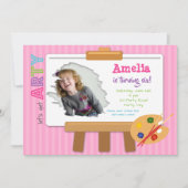 アートパーティー誕生日招待状と写真付き(少女) 招待状 (正面)