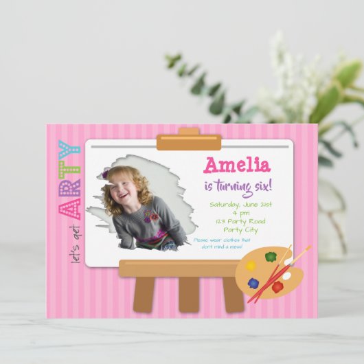 アートパーティー誕生日招待状と写真付き（少女） 招待状 (スタンド正面)