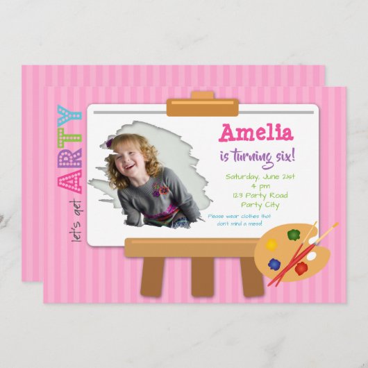 アートパーティー誕生日招待状と写真付き（少女） 招待状 (正面/裏面)