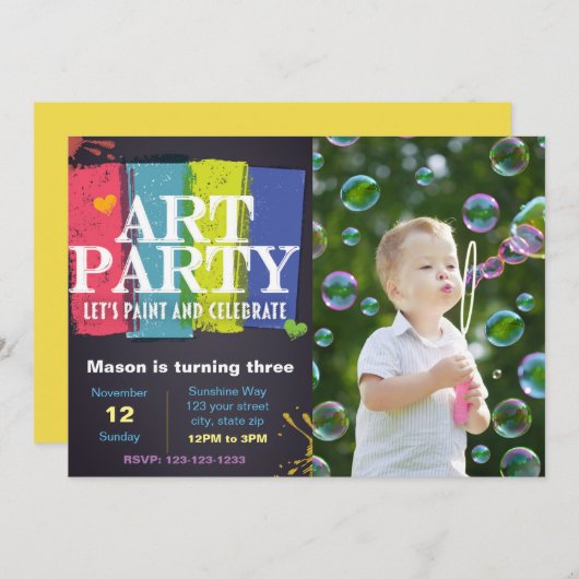 アートパーティー誕生日招待状（写真あり） 招待状 (正面/裏面)