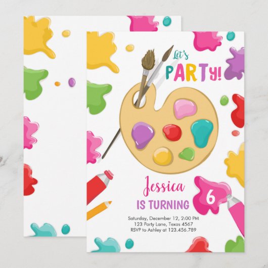 アートパーティー誕生日絵画招待状の工芸パーティー 招待状 (正面/裏面)