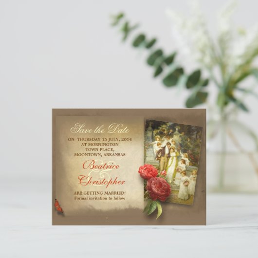 アートビクトリアンカップルアンティークの日付を保存 案内ポストカード (スタンド正面)