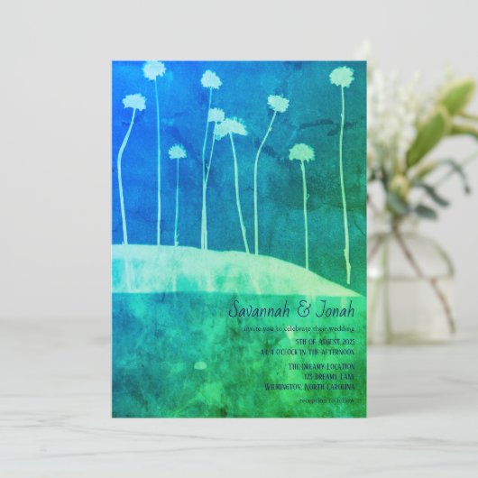 アートブルーグリーンフラワーはっきりした結婚式招待状 招待状 (スタンド正面)