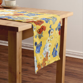 アートブルーモダンレッドフラワーマスタードイエロー ショートテーブルランナー