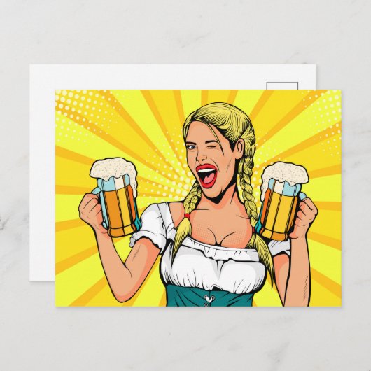 アートポップ・アートのオクトーバーフェストの女性とビール ポストカード (正面/裏面)