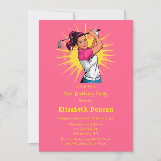 アートポップ・アートのガールゴルファー誕生日パーティー 招待状 (正面)
