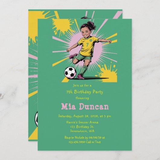 アートポップ・アートのガールズサッカー誕生日パーティー 招待状 (正面/裏面)