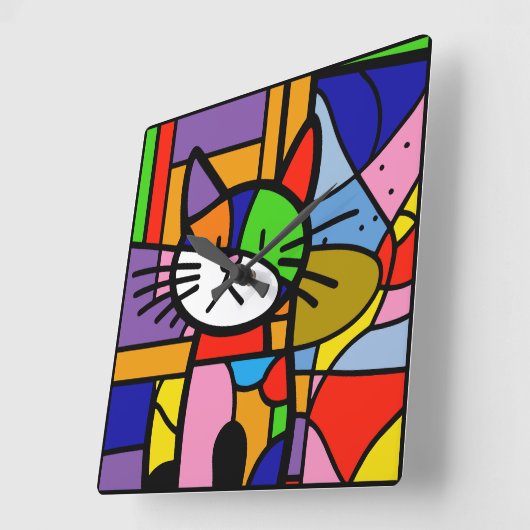 アートポップ・アートのキャットデザイン鮮やかとクルーフル スクエア壁時計 (傾斜)