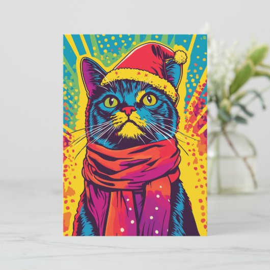 アートポップ・アートのクリスマスサンタハット猫メッセーカスタムジ シーズンカード (スタンド正面)