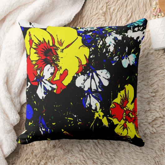 アートポップ・アートのスタイル赤い黄色の青と白の花 クッション (ブランケット)