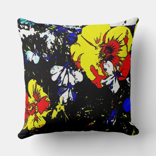 アートポップ・アートのスタイル赤い黄色の青と白の花 クッション (裏面)