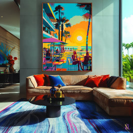 アートポップ・アートのビーチフロントカフェアットサンセット キャンバスプリント