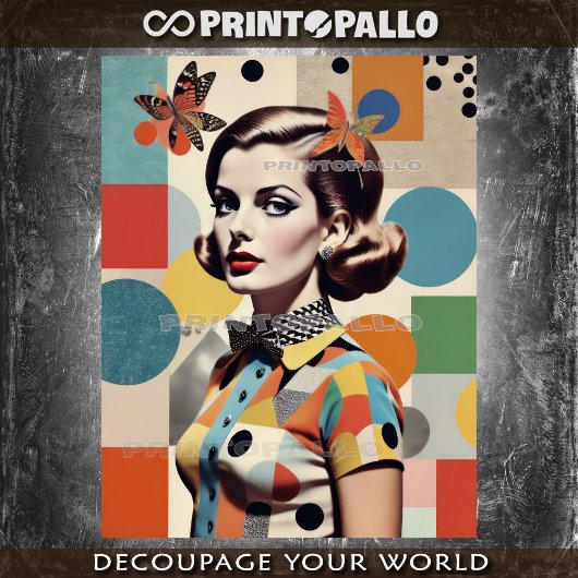 アートポップ・アートのミッド・センチュリーのコラージュ：女性と蝶 薄葉紙