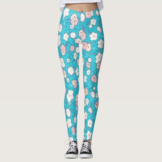 アートポップ・アートのヴィンテージフローラターコイズとピンク レギンス (正面)