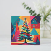 アートポップ・アートの幾何学的に重なったクリスマスツリー シーズンカード (スタンド正面)