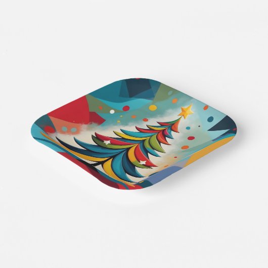 アートポップ・アートの幾何学的クリスマスフェザー付き枝 ペーパープレート (傾斜あり)