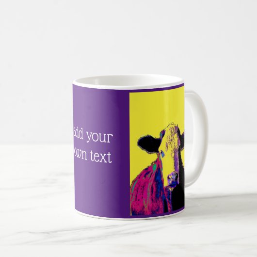 アートポップ・アートの紫と黄色の牛は、あなた自身の引用文を追加 コーヒーマグカップ (正面右)