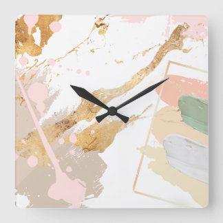 アートモダンウォールクロック – ピンク、金ゴールド、グレー スクエア壁時計