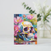 アートモダンスチルライフ抽象芸術スカルと花 ポストカード (スタンド正面)