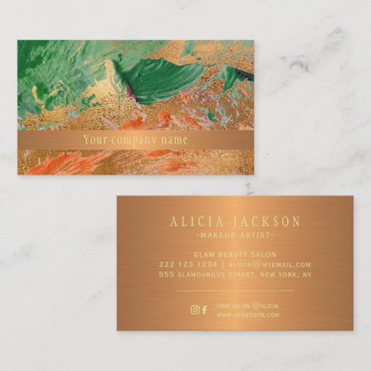 アートモダンストローク銅金ゴールドグリーン社名 名刺 (正面/裏面)