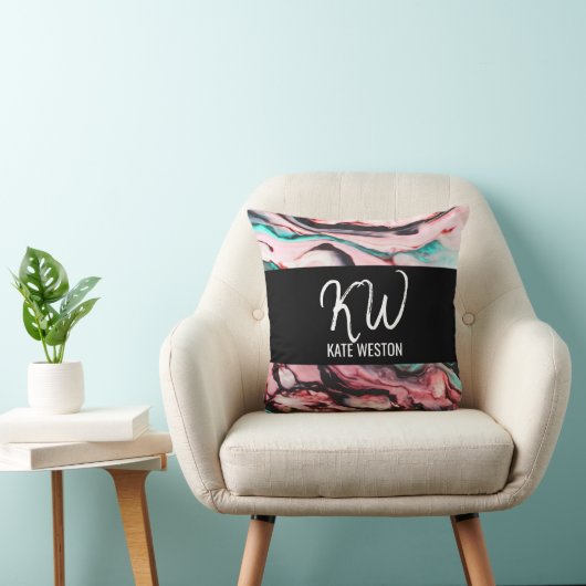 アートモダンティール(緑がかった色)ピンクブラック大理石モノグラム絵を描 クッション (椅子)