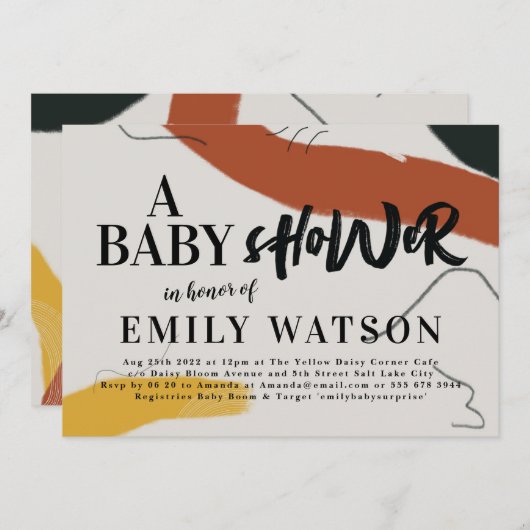 アートモダンボーイまたはガール抽象芸術ベビーシャワー 招待状 (正面/裏面)